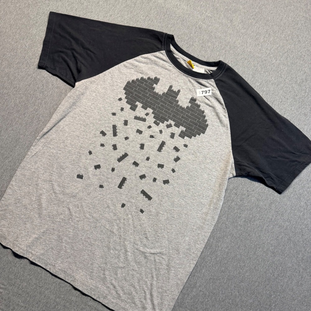 LEGO Batman Mens T-Shirt Large Gray Black Raglan Baseball Brick Graphic Tee